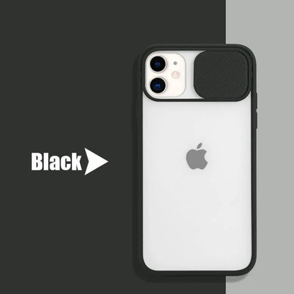 Slim silicone iPhone case with a frosted frame around the camera lens, shown in a choice of solid colours.