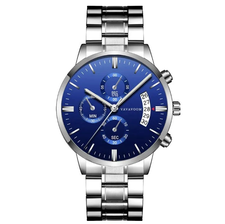 Men's stainless steel quartz watch with black dial and calendar display showing 43mm diameter case