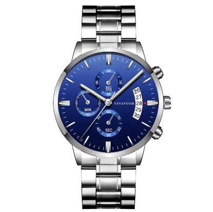 Men's stainless steel quartz watch with black dial and calendar display showing 43mm diameter case