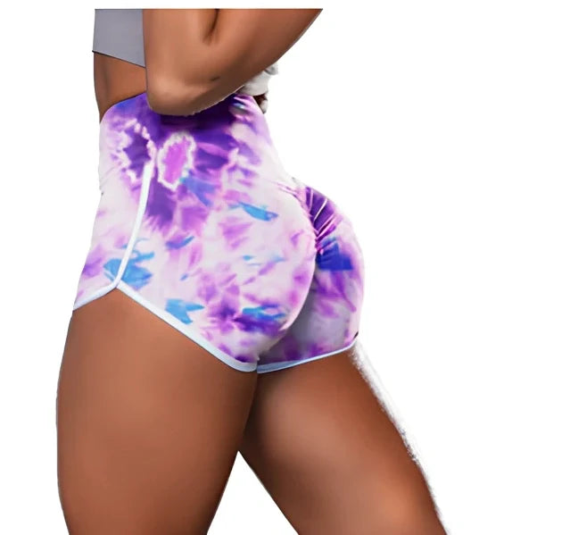 Women's camouflage tie-dye print hip-up fitness shorts in green, light blue, and purple colour options