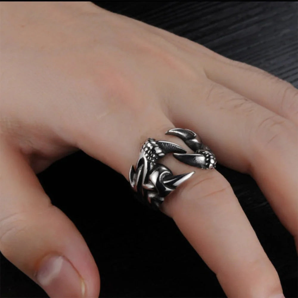 Men's open dragon claw ring in titanium steel with chrome finish