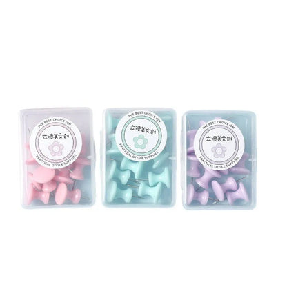 Macaron colour plastic push pins in cherry blossom pink, mint green and lavender, available in large and small sizes