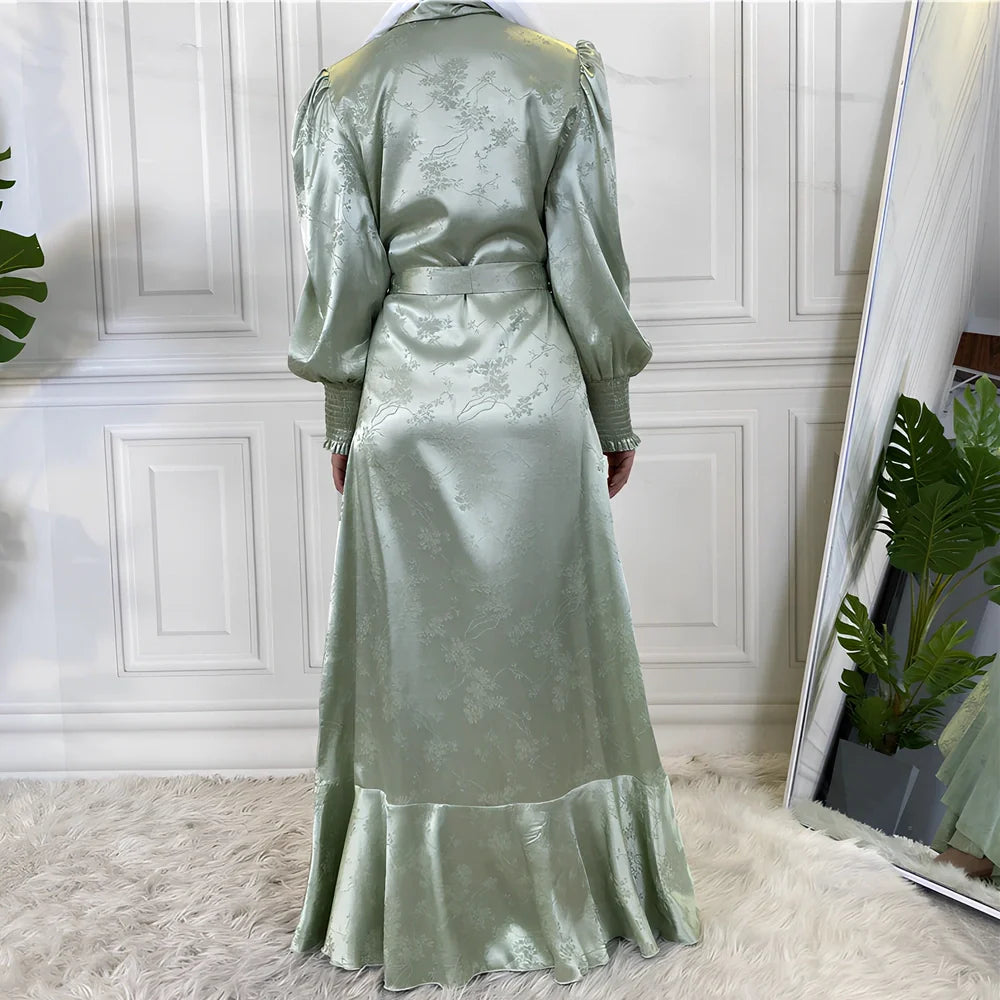 Women's patchwork Muslim dress with satin printing in green, black, pink, gold, or apricot colours