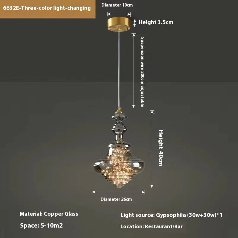 Modern adjustable glass droplight chandelier with LED lighting on a long suspension cable.