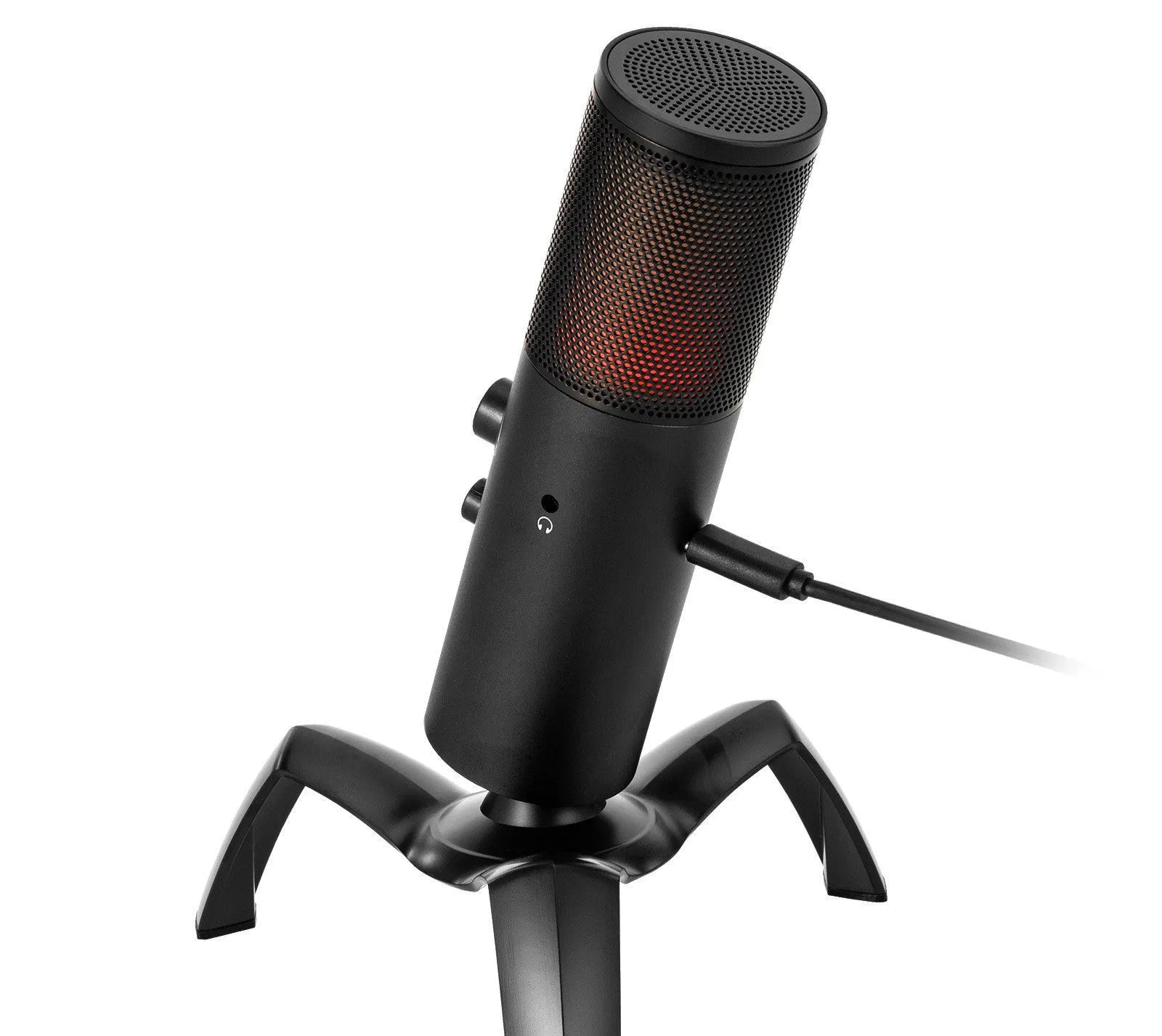Black Q18 condenser microphone with RGB lighting on adjustable metal tripod for home recording