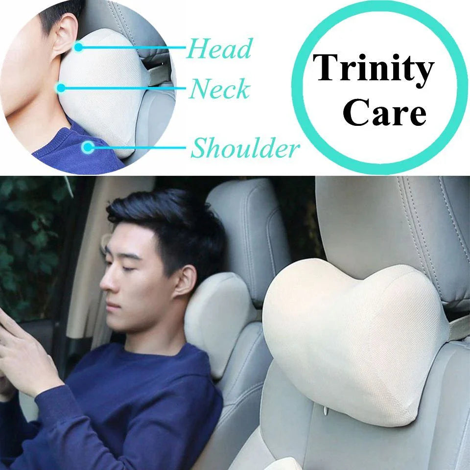 Soft, supportive memory foam car headrest pillow with breathable fabric cover for comfortable long drives