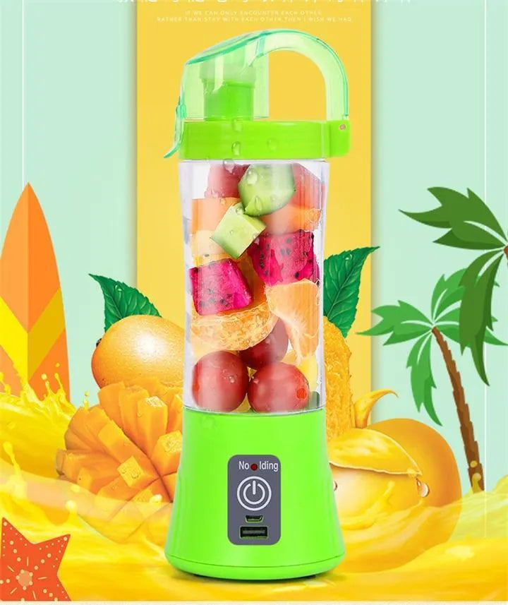 Blue portable electric fruit juicer with USB charging port and 400ml blending cup