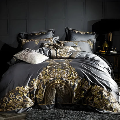 Embroidered Chinese cotton quilt cover in grey or red with plant and flower pattern for 1.8m 6ft bed