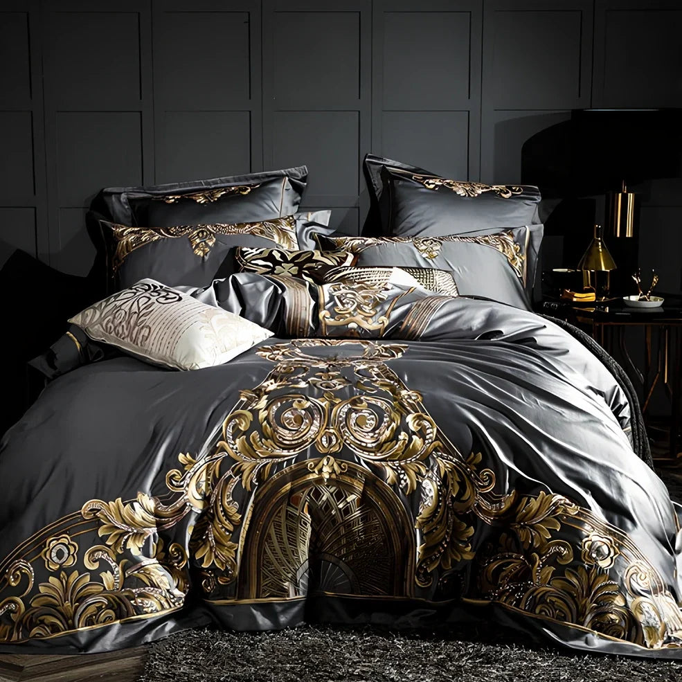 Embroidered Chinese cotton quilt cover with plant patterns in grey colour option on standard UK bed