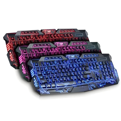 Black USB gaming keyboard with blue purple red LED backlight, 49cm x 19cm, laser-engraved keys, adjustable stand