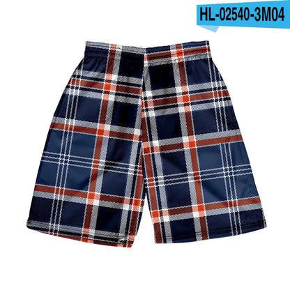 Men's plaid pattern casual shorts with an elastic waistband, shown in a straight leg design.