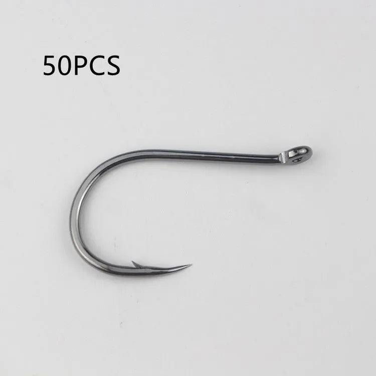 Bulk pack of alloy carbon steel sea fishing hooks with barbed crooked mouth design in various sizes.