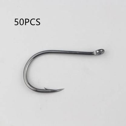 Bulk pack of alloy carbon steel sea fishing hooks with barbed crooked mouth design in various sizes.