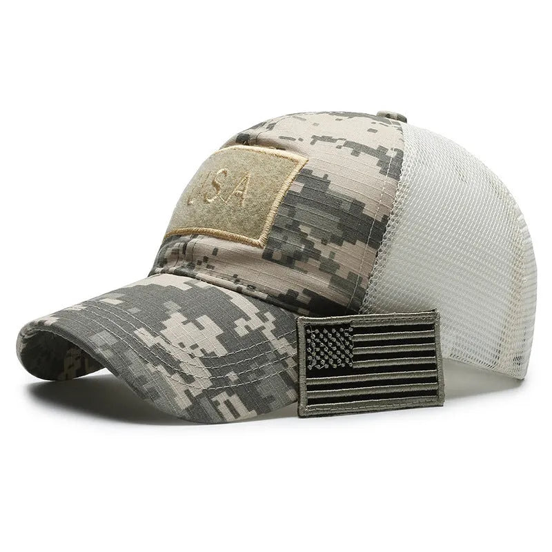Tactical camouflage baseball cap with adjustable sizing and dome crown