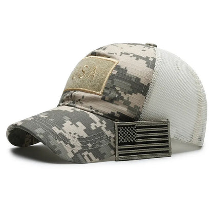 Tactical camouflage baseball cap with adjustable sizing and dome crown