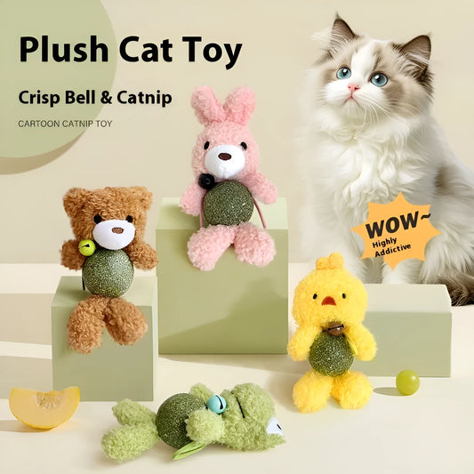 Brown bear plush cat toy with a white catnip ball, shown next to a green frog version.