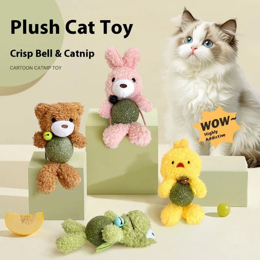 Brown bear catnip toy with bell, 15cm height plush doll and 4cm mint ball for feline dental health