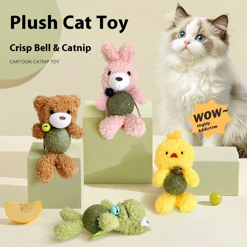 Brown bear catnip toy with 15cm height, 4cm mint ball, and visible bell inside plush material