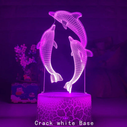 Black base dolphin 3D LED night light projecting image, 87x87x42mm size with USB cable and optional remote