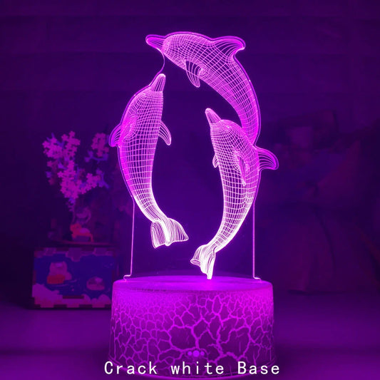 Black base dolphin 3D LED night light projecting image, 87x87x42mm size with USB cable and optional remote