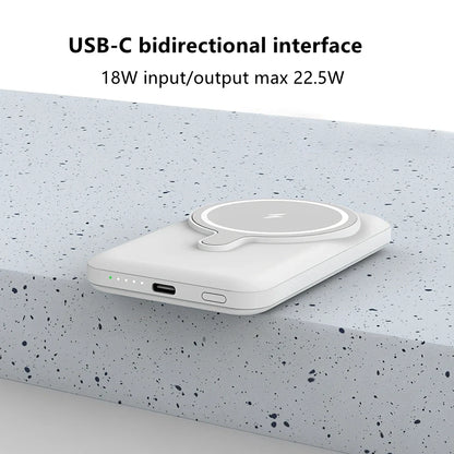 White Magsafe magnetic power bank showing magnetic charging side and USB ports