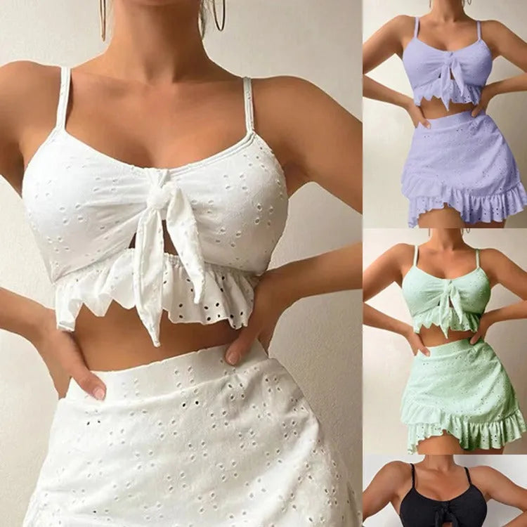 Women's Split Hip Skirt Swimsuit Three-Piece Bikini Set in Polyester for Swimming and Wading, Available in White, Black, Pink, Light Purple, Green, Light Yellow, or Olive Green with Sizes S, M, L, XL