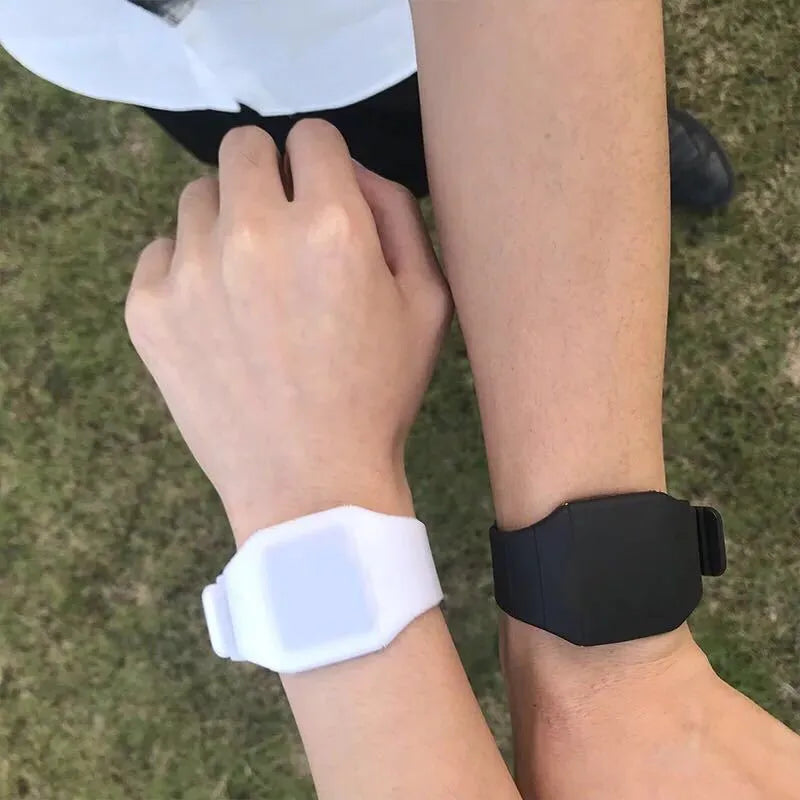 Square digital electronic watch with touch screen on a PU strap, shown in multiple colour options.