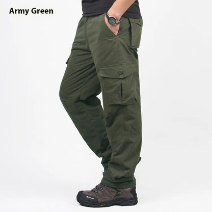 Men's stone-washed cotton overalls with wool lining in khaki colour, showing loose fit and straight leg design