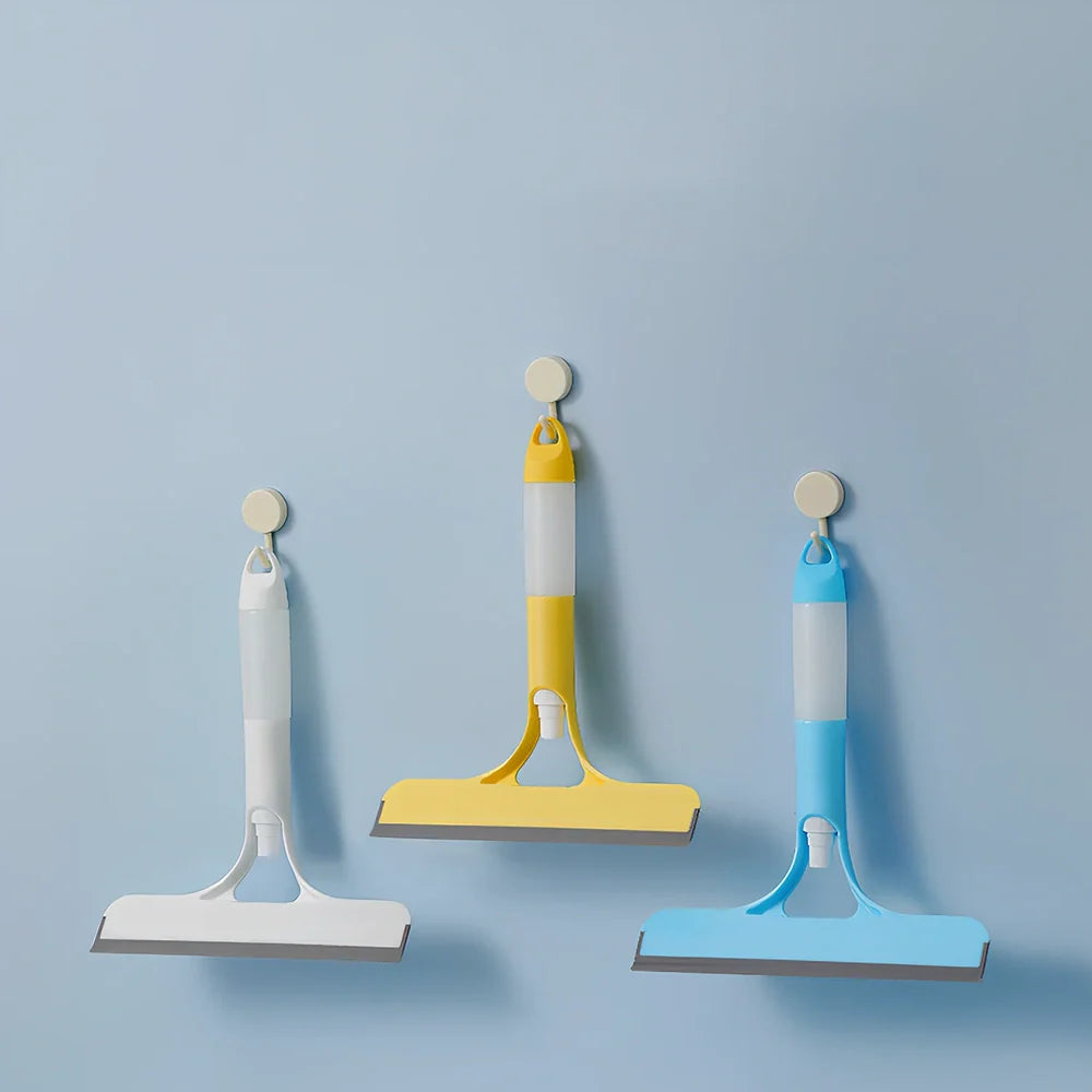 Double-sided plastic glass scraper in sky blue, 15cm long for removing household water stains