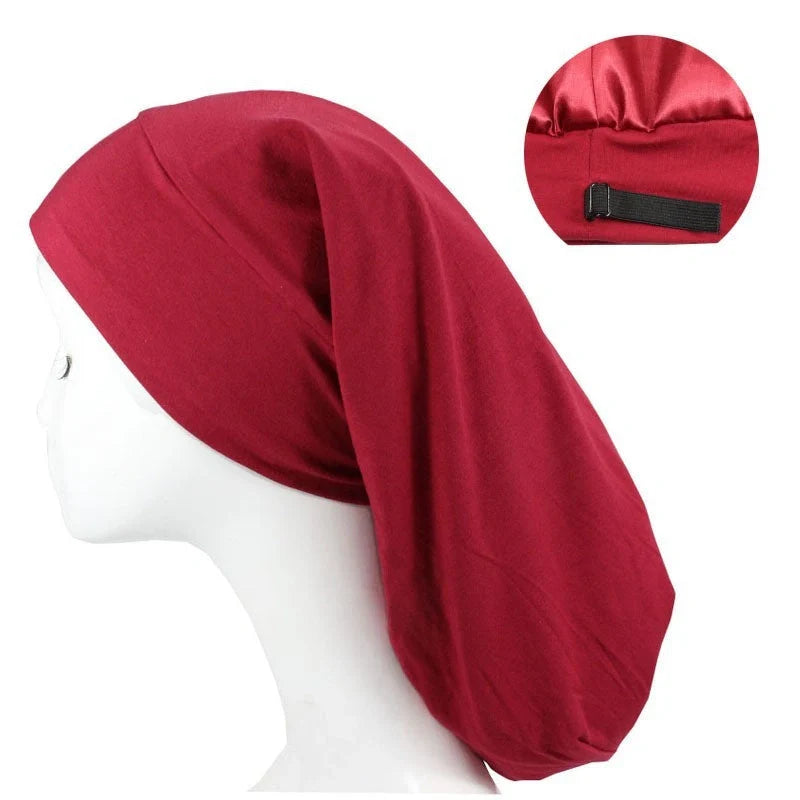 Adjustable satin-lined nightcap in various colors for women's hair care and relaxation