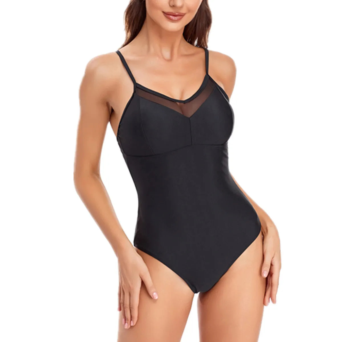 Ladies solid colour mesh one-piece swimsuit with a backless design.