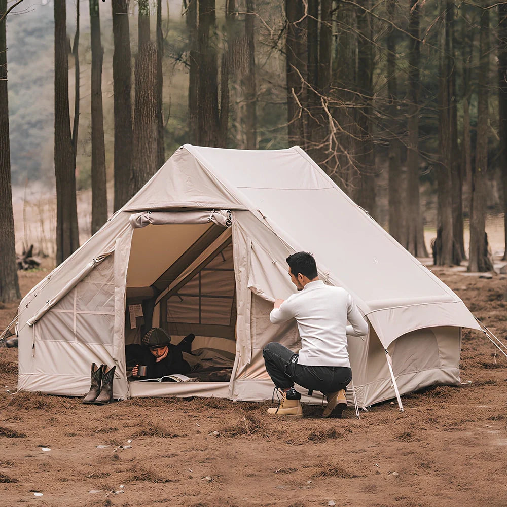 Quicksand gold inflatable camping tent with aluminium supports and waterproof floor