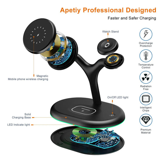 Black three-in-one magnetic wireless charger charging three devices simultaneously on wooden surface