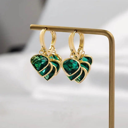 Korean style green heart pendant ear clip earrings with copper alloy and artificial gemstone