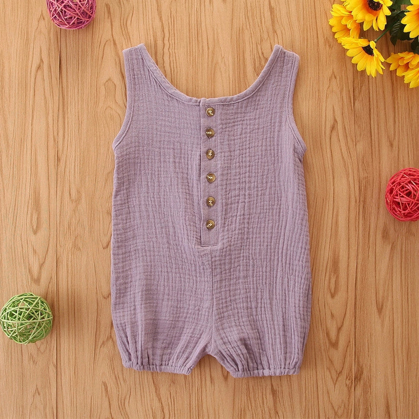 Sleeveless baby romper in beige, blue, or purple with 95% cotton fabric for summer infant wear