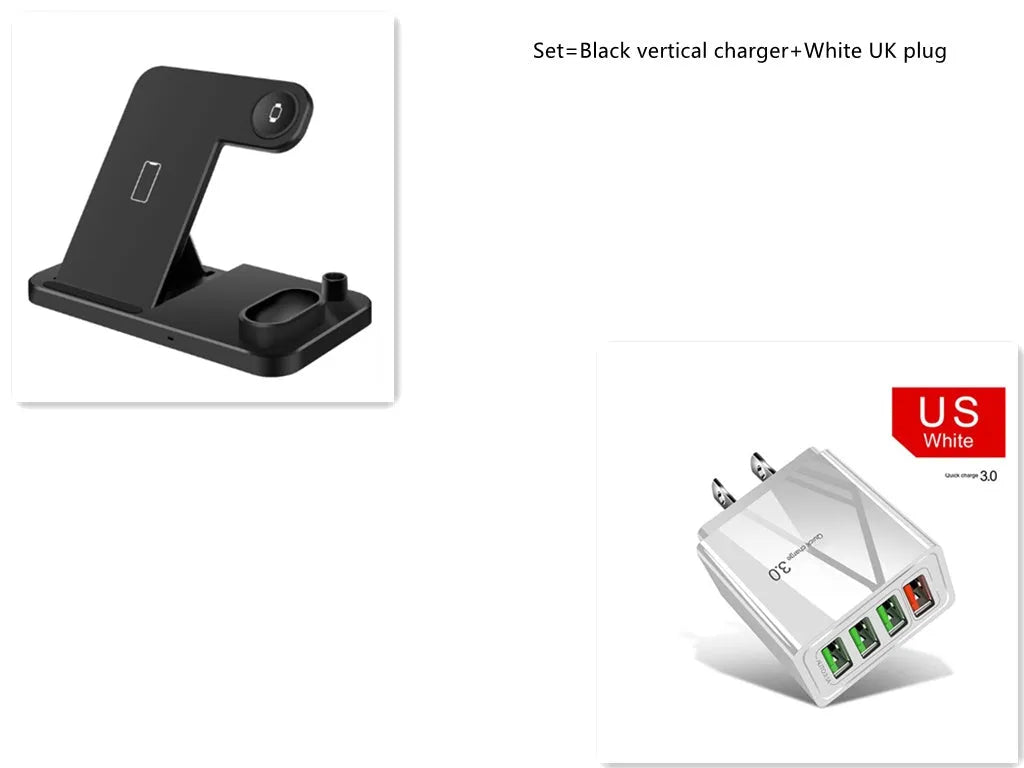 4-in-1 wireless charging station with adjustable magnetic stand charging phone, watch, AirPods, and Apple Pencil