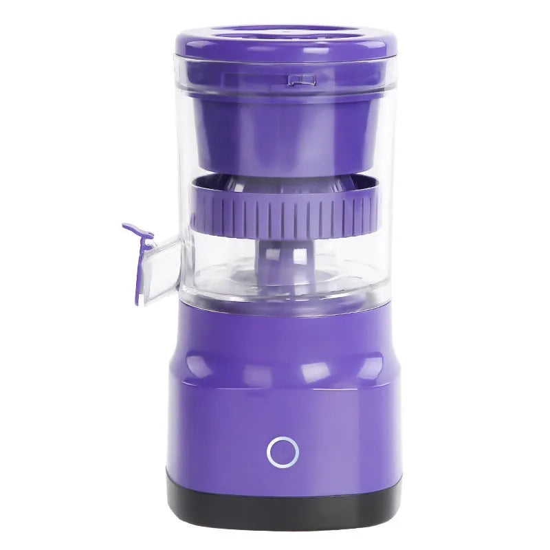 Purple USB rechargeable electric citrus juicer with detachable parts and charging cable.