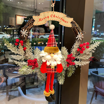 Wooden Christmas rattan ring with Santa Claus bow pendant, 21cm diameter natural decoration