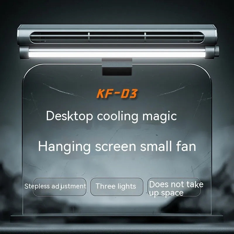 Black bladeless USB fan with lighting lamp clamped to laptop screen showing 32.5cm width