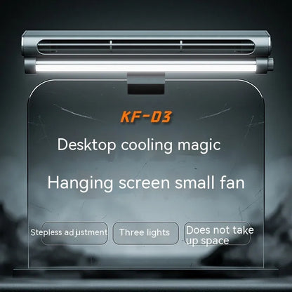 Black bladeless USB fan with lighting lamp clamped to laptop screen showing 32.5cm width