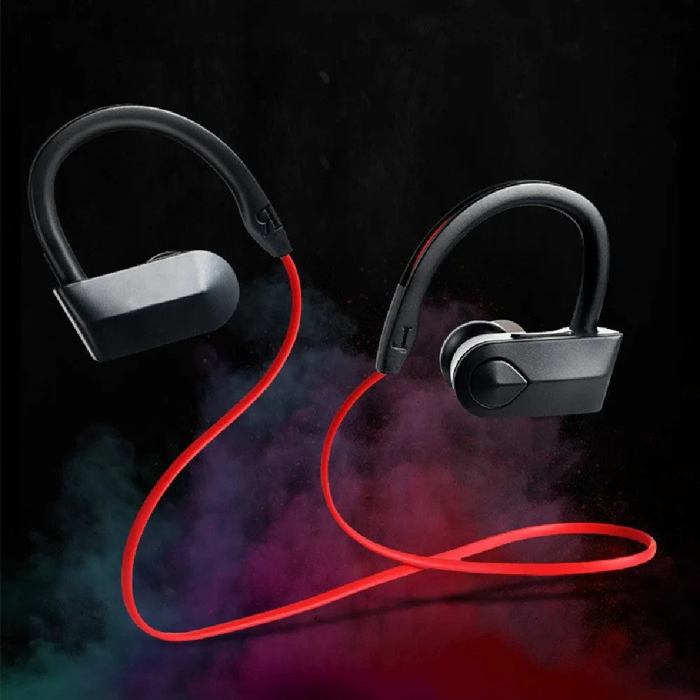 Wireless neckband Bluetooth earphones in black, blue, or red colour with USB charging cable.