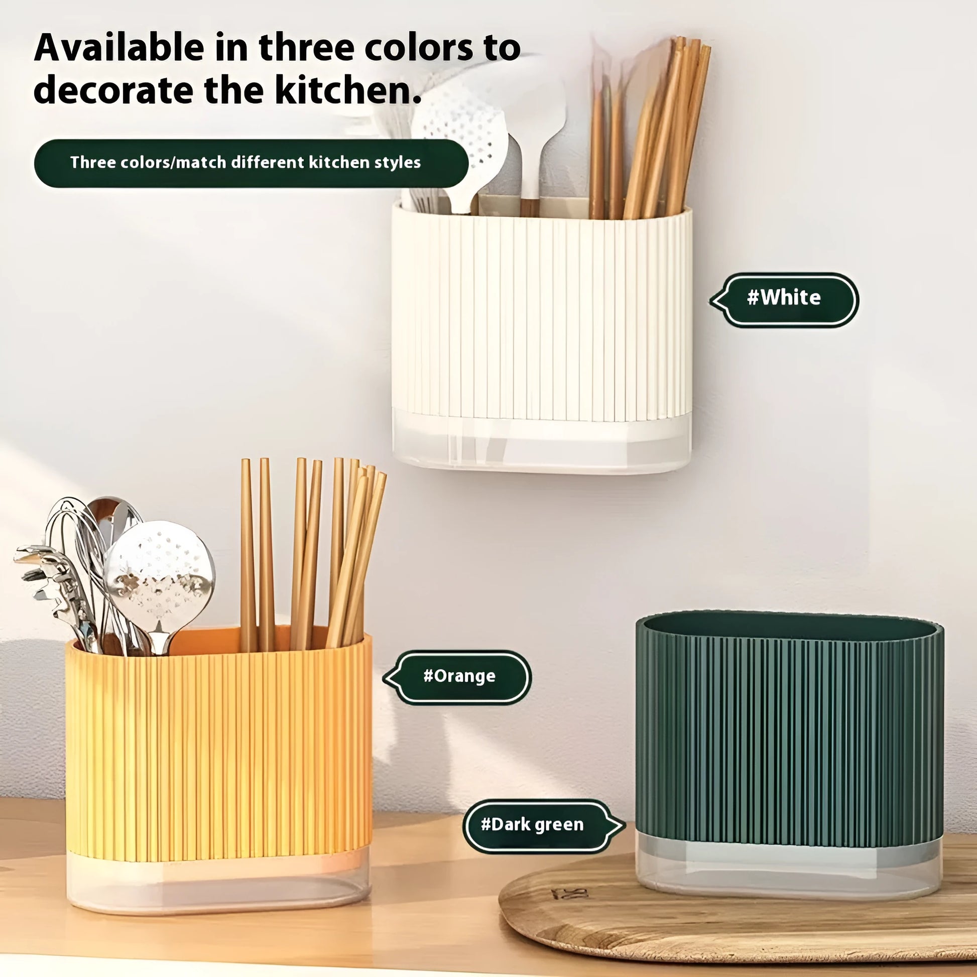Plastic wall hanging chopstick and spoon holder in beige, dark green or orange