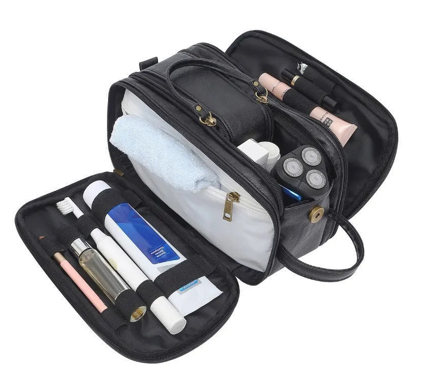 Men's black Pu toiletry bag with zippered closure for travel storage