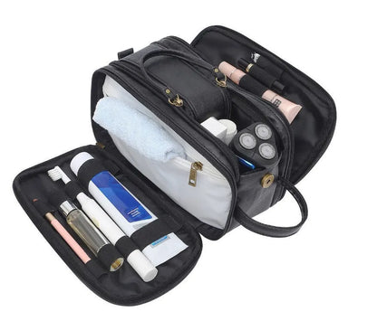 Men's black Pu toiletry bag with zippered closure for travel storage