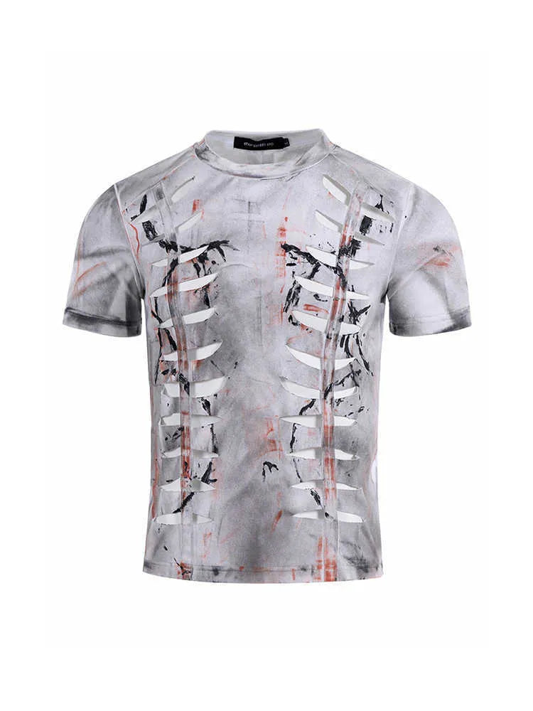 Men's white cotton T-shirt with hollow-out design on front, short sleeves, round neck collar