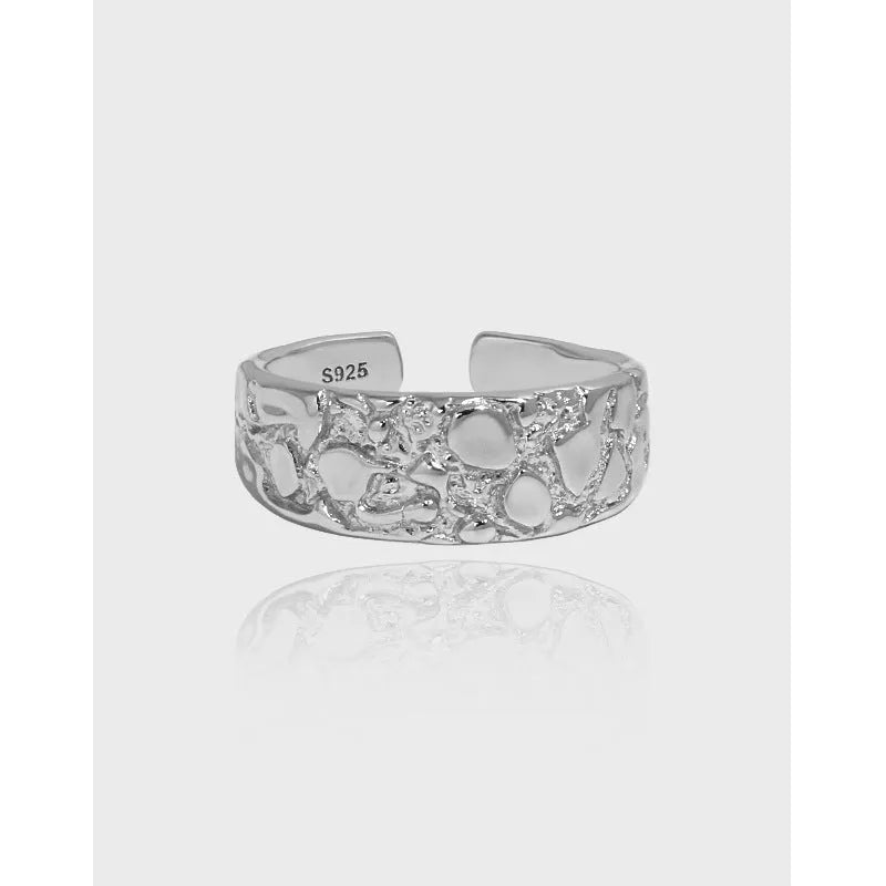 Hammered texture S925 sterling silver adjustable opening ring with white gold colour electroplating