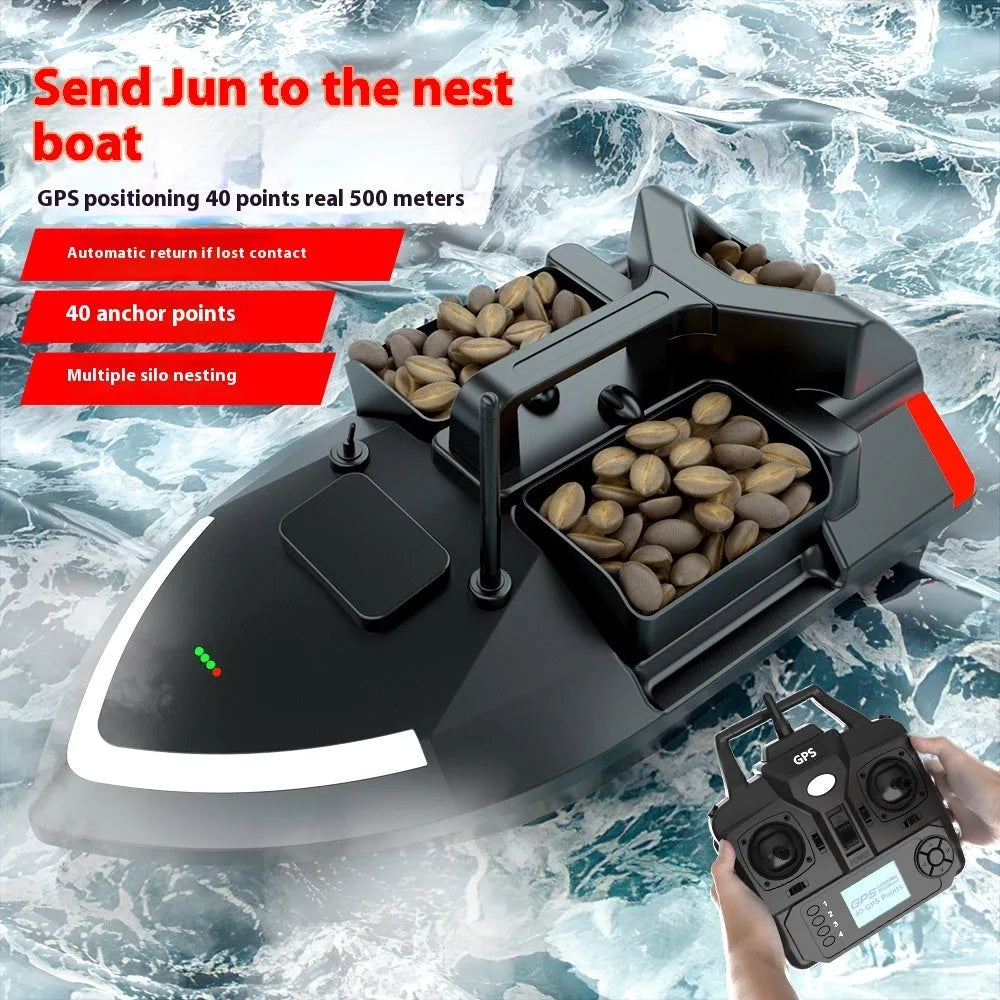GPS remote control fishing boat with LED lights, measuring 49cm long, for bait placement and night fishing