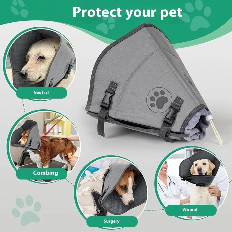 Adjustable pet sterilization collar ring in polyester, showing L, M, XL sizing options for wound protection