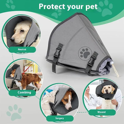 Adjustable pet sterilization collar ring in polyester, showing L, M, XL sizing options for wound protection