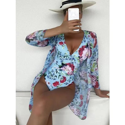 Women's floral print bikini three-piece swimsuit set with matching coat in a selection of colours.